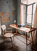 meşe çalışma masası ve kollu kumaşlı sandalye